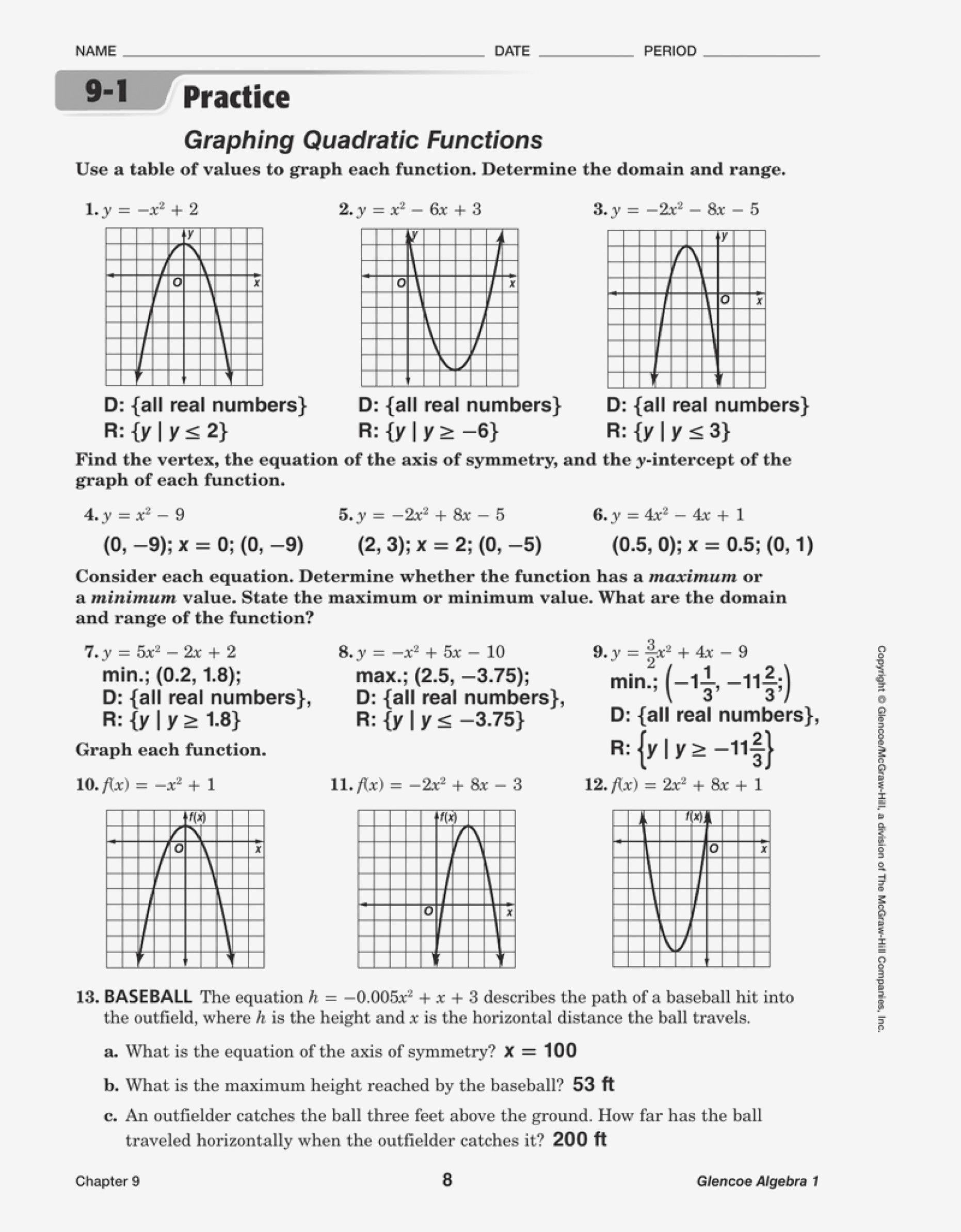 Algebra 1 Graphing Quadratic Functions Worksheet