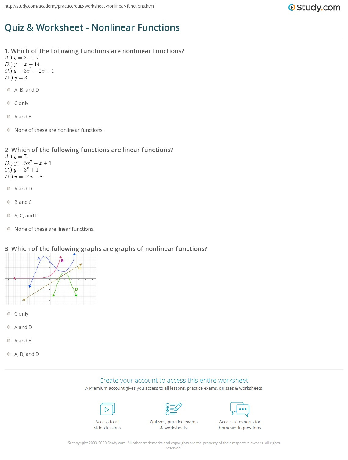 Quiz Worksheet Nonlinear Functions Study Quiz Worksheet Nonlinear Functions Study