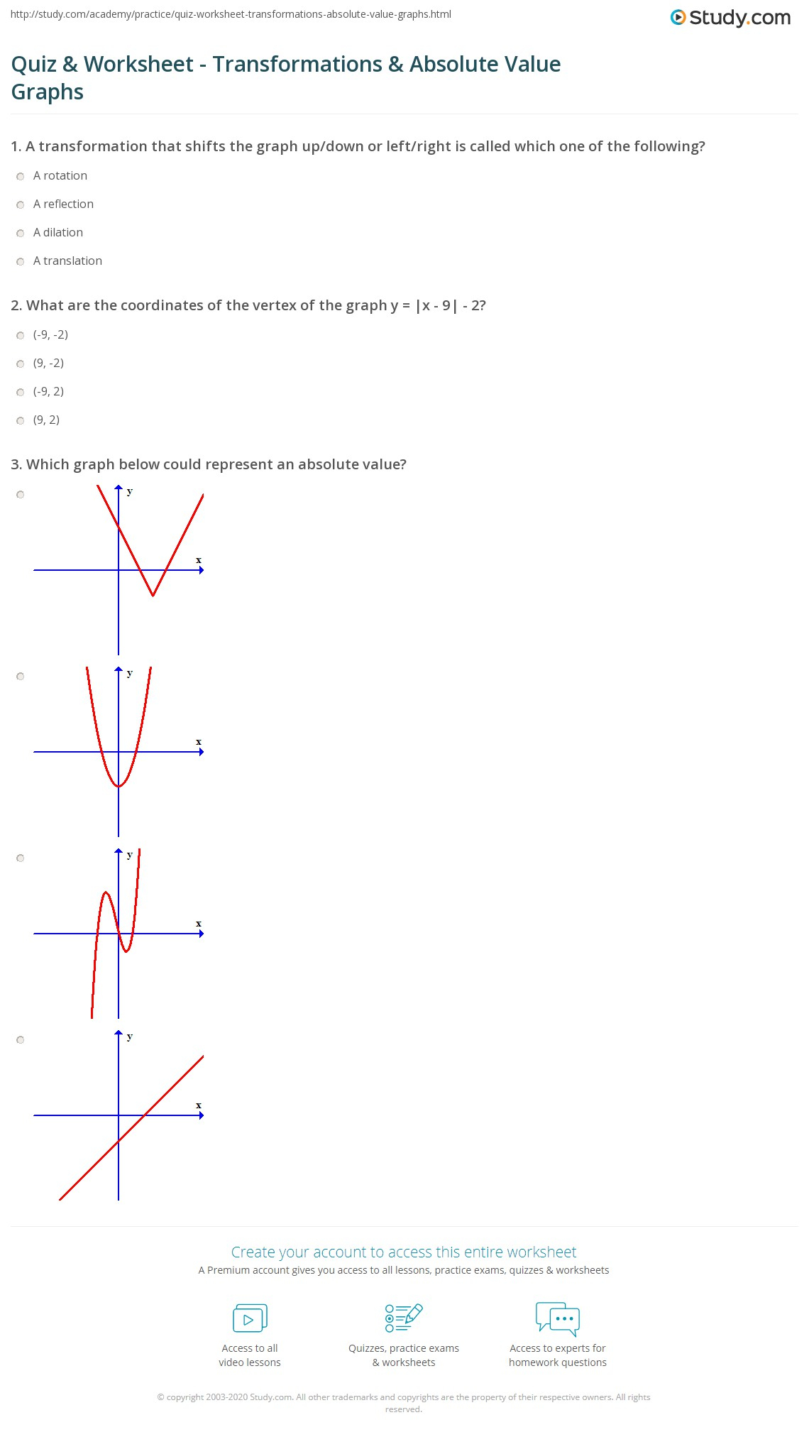 Quiz Worksheet Transformations Absolute Value Graphs Study Quiz Worksheet Transformations Absolute Value Graphs Study