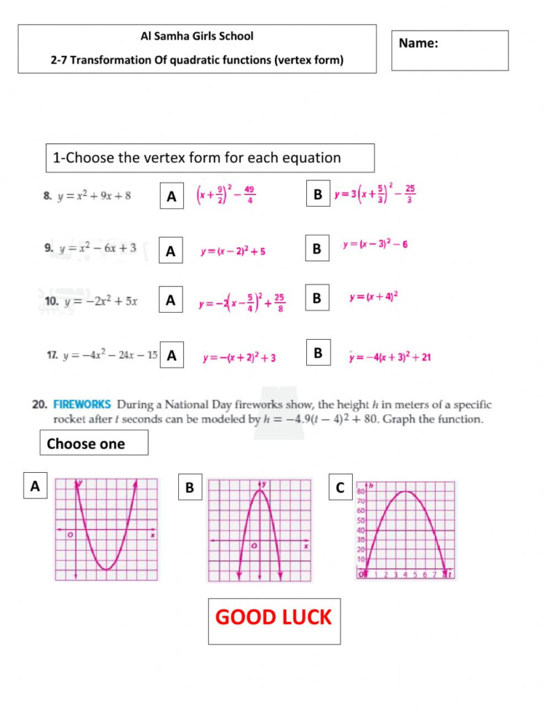 Transformations Of Functions Worksheet